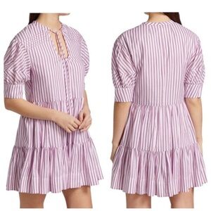 TANYA TAYLOR Pink Striped Tiered Mini Dress Puff Sleeve With Pockets Size XS